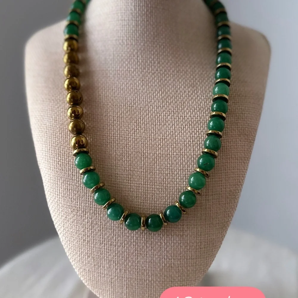 GREEN AVENTURINE GOLD HEMATITE STATEMENT NECKLACE 19” - Picture 9 of 9